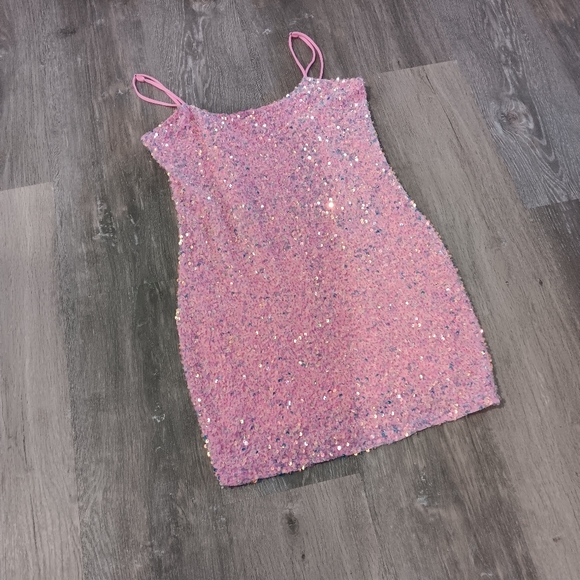 Lucy in the Sky Iridescent Pink Crystal Sequin Bodycon Mini Dress - Picture 7 of 12